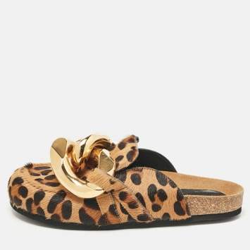 Pre Owned J.W.Anderson Brown Calf Hair Leopard Print Chain Detail Flat Mules Size 38