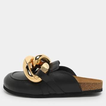 Pre Owned J.W.Anderson Chain Link Size 39 Black Leather Flat Mules
