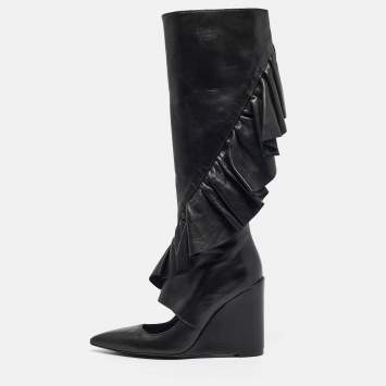 Pre Owned J.W. Anderson Black Leather Ruffle Knee Length Wedge Boots Size 38