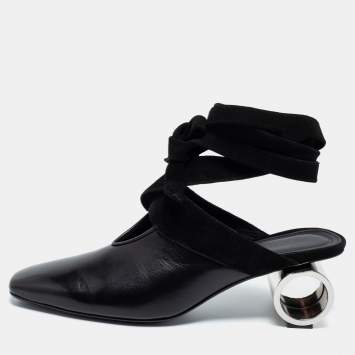 Pre Owned J.W.Anderson Black Leather And Suede Ankle Tie Cylindrical Heel Mules Size 39