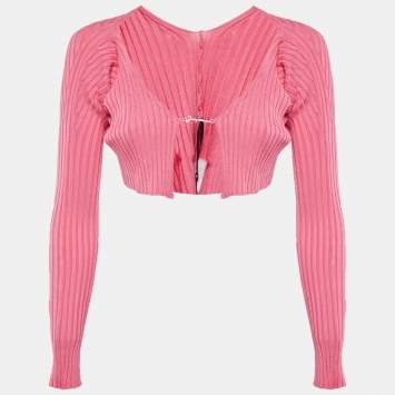 Pre Owned Jacquemus Pink Rib Knit La Maille Pralù Cropped Cardigan L