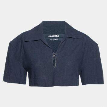Pre Owned Jacquemus Navy Blue Linen & Cotton Le Haut Bebi Crop Top S
