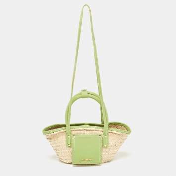 Pre Owned Jacquemus Green/Cream Woven Raffia and Nubuck Leather Le Petit Panier Basket Tote