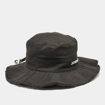 Pre Owned Jacquemus Black Cotton Drawstring Bucket Hat Size 56