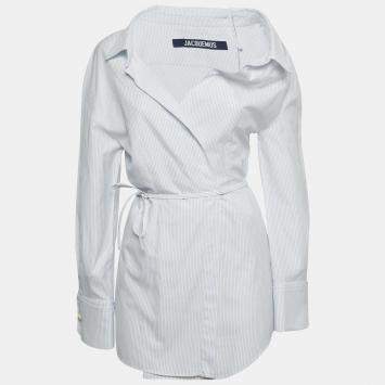 Pre Owned Jacquemus White/Blue Pinstripe Cotton Asymmetric Mini Dress S