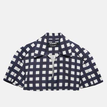 Pre Owned Jacquemus Navy Blue Checkered Silk Blend Le Haut Bebi Crop Top XS