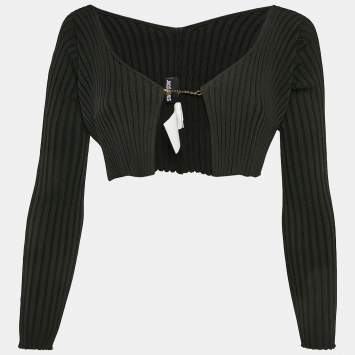 Pre Owned Jacquemus Black Rib Knit Logo Detail Cropped Cardigan M