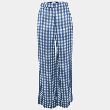 Pre Owned Jacquemus Blue/White Checked Crepe Straight Leg Trousers XS