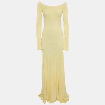 Pre Owned Jacquemus Yellow Stretch Knit Pleated Valensole Off-Shoulder Maxi Dress S