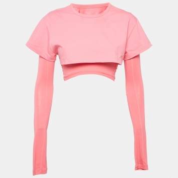 Jacquemus Pink Cotton knit & Lyocell Knit Le Double Crop T-Shirt S
