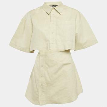 Pre Owned Jacquemus Light Green Cotton and Linen Button Front Cut-Out Mini Dress L