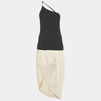Pre Owned Jacquemus Black/Beige Rib Knit and Cotton Asymmetric Midi Dress M