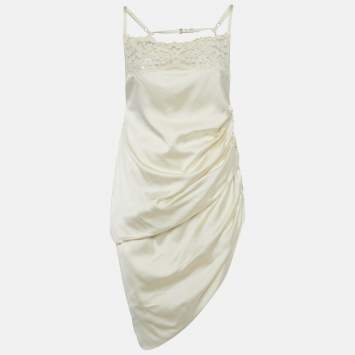 Pre Owned Jacquemus Cream Satin Asymmetrical Hem Saudade Slip Dress L