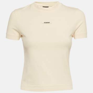 Pre Owned تي شيرت من جيرسي باللون الأبيض مع شعار جاكيموس بمقاس صغير جدًا