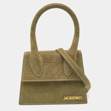 Pre Owned Jacquemus Green Croc Embossed Nubuck Leather Le Chiquito Moyen Top Handle Bag