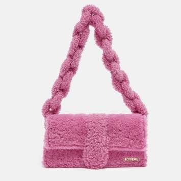 Pre Owned Jacquemus Pink Shearling Le Bambidou Shoulder Bag