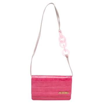 Pre Owned Jacquemus Pink Crocodile Embossed Leather Le Riveira  Shoulder Bag
