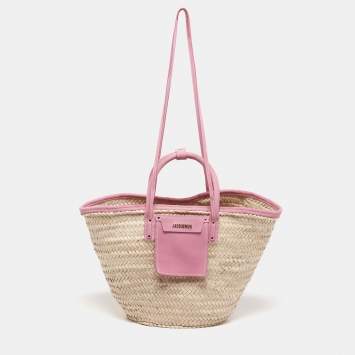 Pre Owned Jacquemus Pink/Cream Raffia and Nubuck Leather Le Panier Soleil Basket Tote