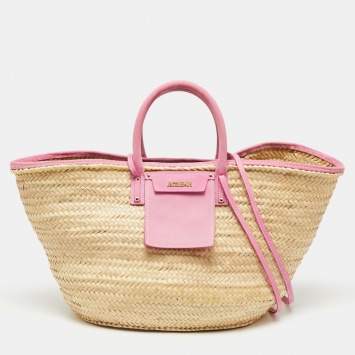 Pre Owned Jacquemus Pink/Cream Raffia and Nubuck Leather Le Panier Soleil Basket Tote