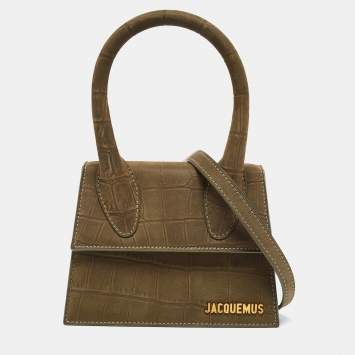 مملوكة مسبقًا Jacquemus Khaki Green Croc Embossed Nubuck Leather Moyen Le Chiquito Top Handle Bag