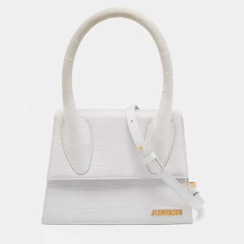 Pre Owned Jacquemus White Croc Embossed Leather Grand Le Chiquito Top Handle Bag