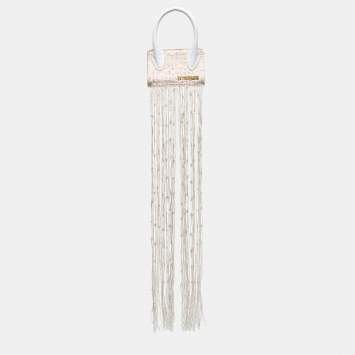 Pre Owned Jacquemus White/Beige Woven Canvas and Leather Mini Espelho Fringe Bag