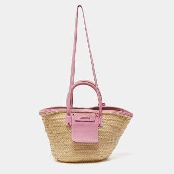 Pre Owned Jacquemus Pink/Cream Raffia and Nubuck Leather Le Panier Soleil Basket Bag 