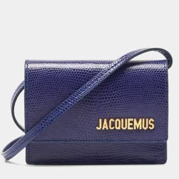 Pre Owned Jacquemus Blue Lizard Embossed Leather Mini Le Bello Crossbody Bag