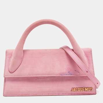 Pre Owned Jacquemus Pink Croc Embossed Suede Long Le Chiquito Top Handle Bag