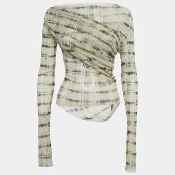 Pre Owned Jade Cropper Light Beige Printed Mesh Drape Detail Sheer Top S  