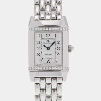 Pre Owned Jaeger LeCoultre Silver Diamond Stainless Steel Reverso 265.8.08 Quartz Women's Wristwatch 21 mm