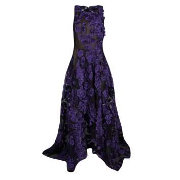 Pre Owned Jason Wu Purple Floral Applique and Jacquard High Low Gown M