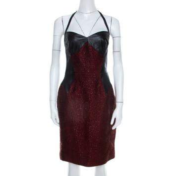 Pre Owned Jason Wu Burgundy and Black Leather Paneled Halter Dress M