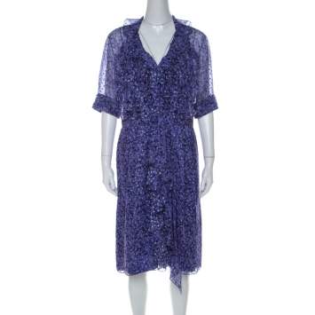 Jason Wu Purple Silk Chiffon Printed Ruffle  Short Dress L