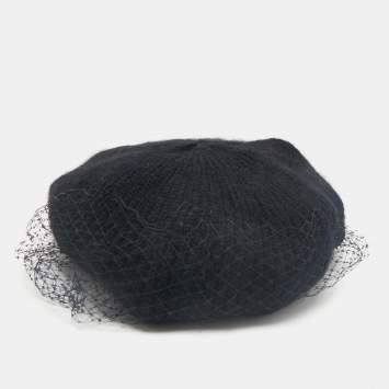 Pre Owned Jennifer Behr Black Wool Knit Veil Trim Beanie One Size 