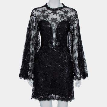 Pre Owned Jenny Packham Black Embellished Metallic Lace Bell Sleeve Detail Mini Dress M