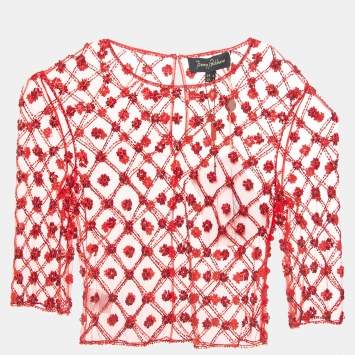 Pre Owned Jenny Packham Robin Red Embroidered Tulle Blouse S