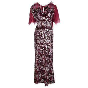 Pre Owned Jenny Packham Red Sequin Embellished Ruffled Sleeve Maxi Dress L