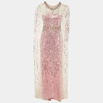 Pre Owned Jenny Packham Pink Sequin Embellished Mesh Cape Gown M