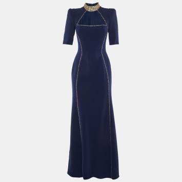 Pre Owned Jenny Packham Navy Blue Embellished Crepe Gown S