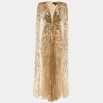 Pre Owned Jenny Packham Gold Embellished Tulle Lotus Lady Gown M