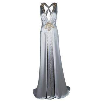 Pre Owned Jenny Packham Grey Satin Embellished Halter Evening Gown M