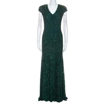 Pre Owned Jenny Packham Green Embellished Matador Evening Gown