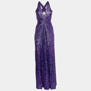 Pre Owned Jenny Packham Purple Sequin Halter Neck Gown M
