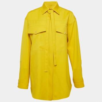 Pre Owned Jil Sander Yellow Wool Gabardine Oversized Tie-Up Neck Detail Shirt S