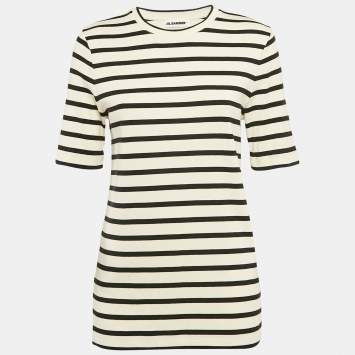 Pre Owned Jil Sander Cream/Black Striped Cotton Rib Knit T-shirt L