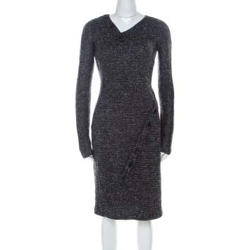 Pre Owned Jil Sander Monochrome Wool Blend Textured Wrap-Button Detail Sheath Dress M