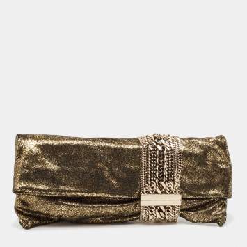 Pre Owned Jimmy Choo Gold Glitter Suede Chandra Clutch