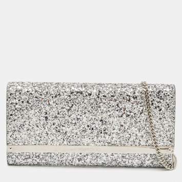 Pre Owned Jimmy Choo Silver Glitter Milla Chain Clutch