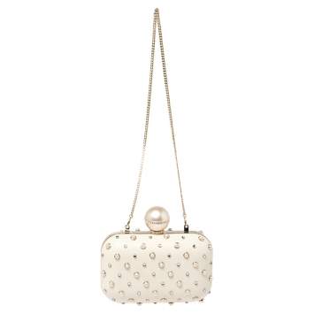 Pre Owned Jimmy Choo Cream Leather Pearl Mix Ball Clasp Cloud Clutch